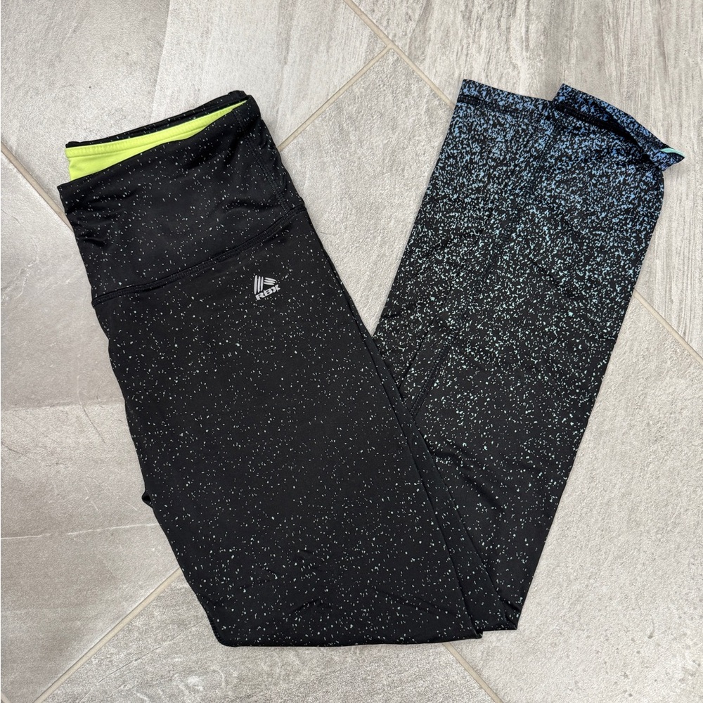 RBX Black Leggings with Aqua Speckles Athletic Sporty and Fun!